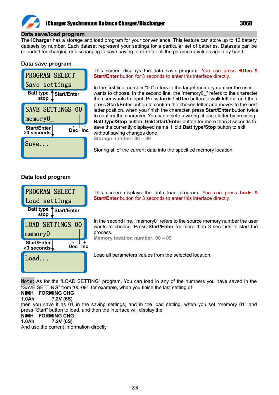 Program select save settings, Program select load settings, Save | Load | ProgressiveRC 306B iCharger User Manual | Page 25 / 32