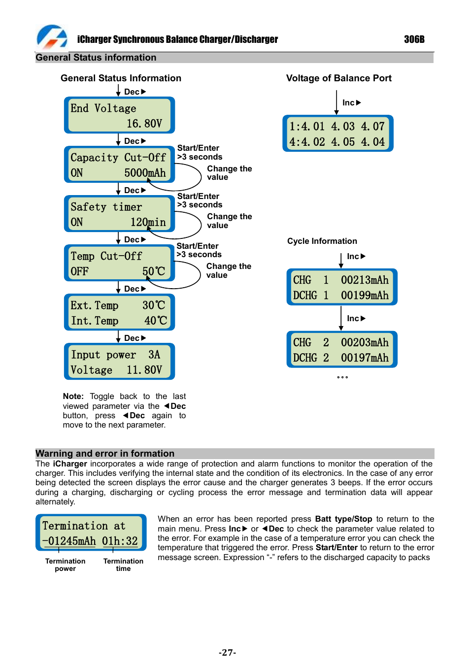 End voltage 16.80v, Ext.temp 30℃ int.temp 40, Capacity cut-off on 5000mah | Safety timer on 120min, Temp cut-off off 50 | ProgressiveRC 306B iCharger User Manual | Page 27 / 32