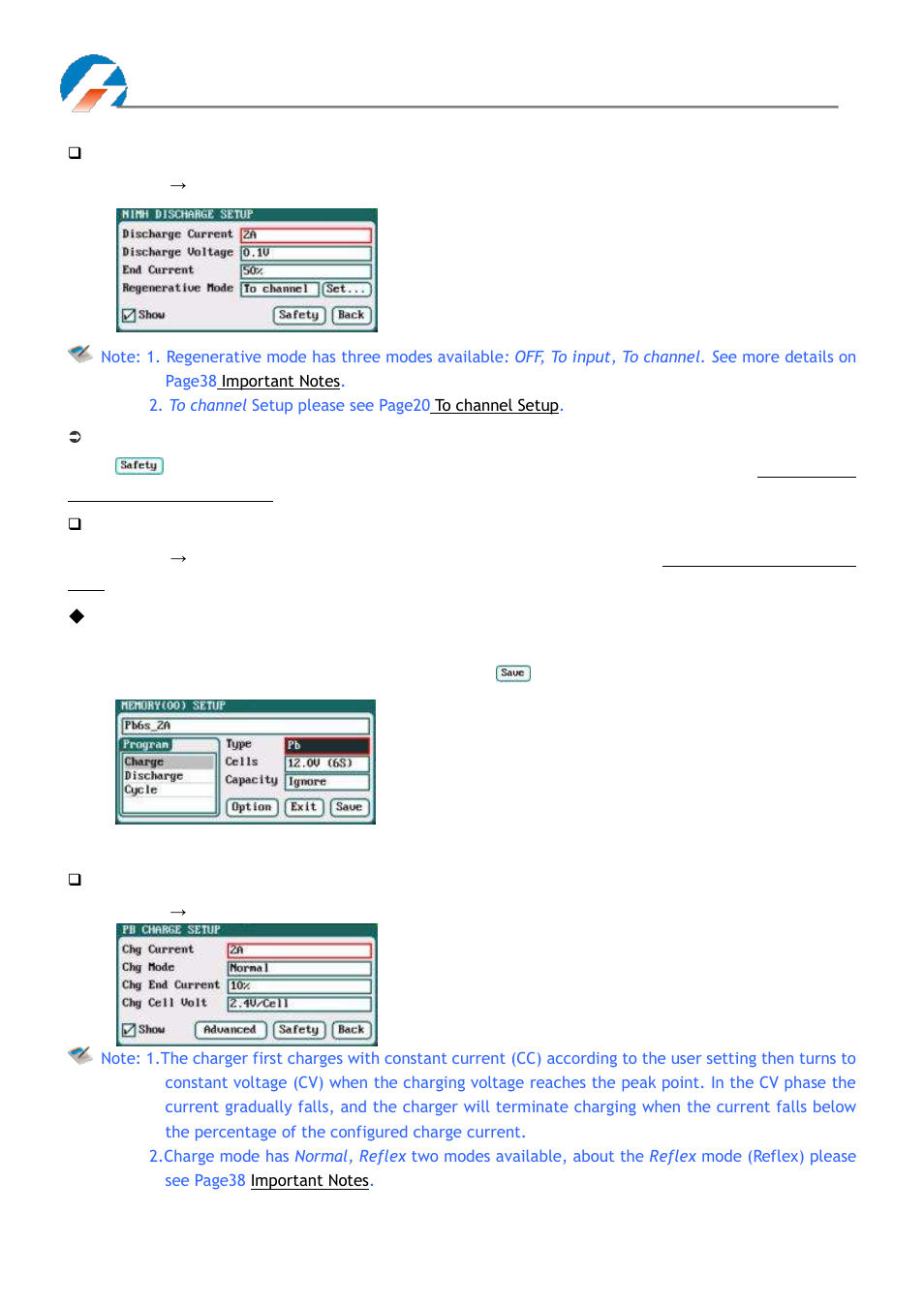 Nimh/nicd battery discharge setup, Nimh/nicd battery discharge safety setup, Nimh/nicd battery cycle setup | Pb battery charge/discharge setup, Pb battery charge setup | ProgressiveRC 4010Duo iCharger User Manual | Page 23 / 42