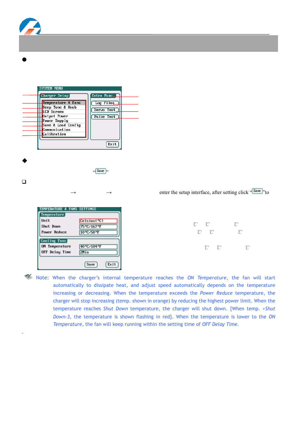 4010duo parameters setup, Charger setup, Temp. & fans setup | ProgressiveRC 4010Duo iCharger User Manual | Page 27 / 42