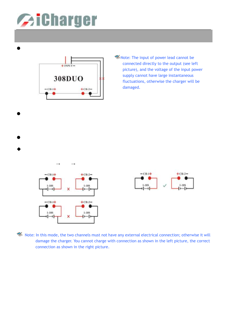The order of connection for charger, Connection for channel asynchronous mode, The order of connection | ProgressiveRC 308Duo iCharger User Manual | Page 10 / 42