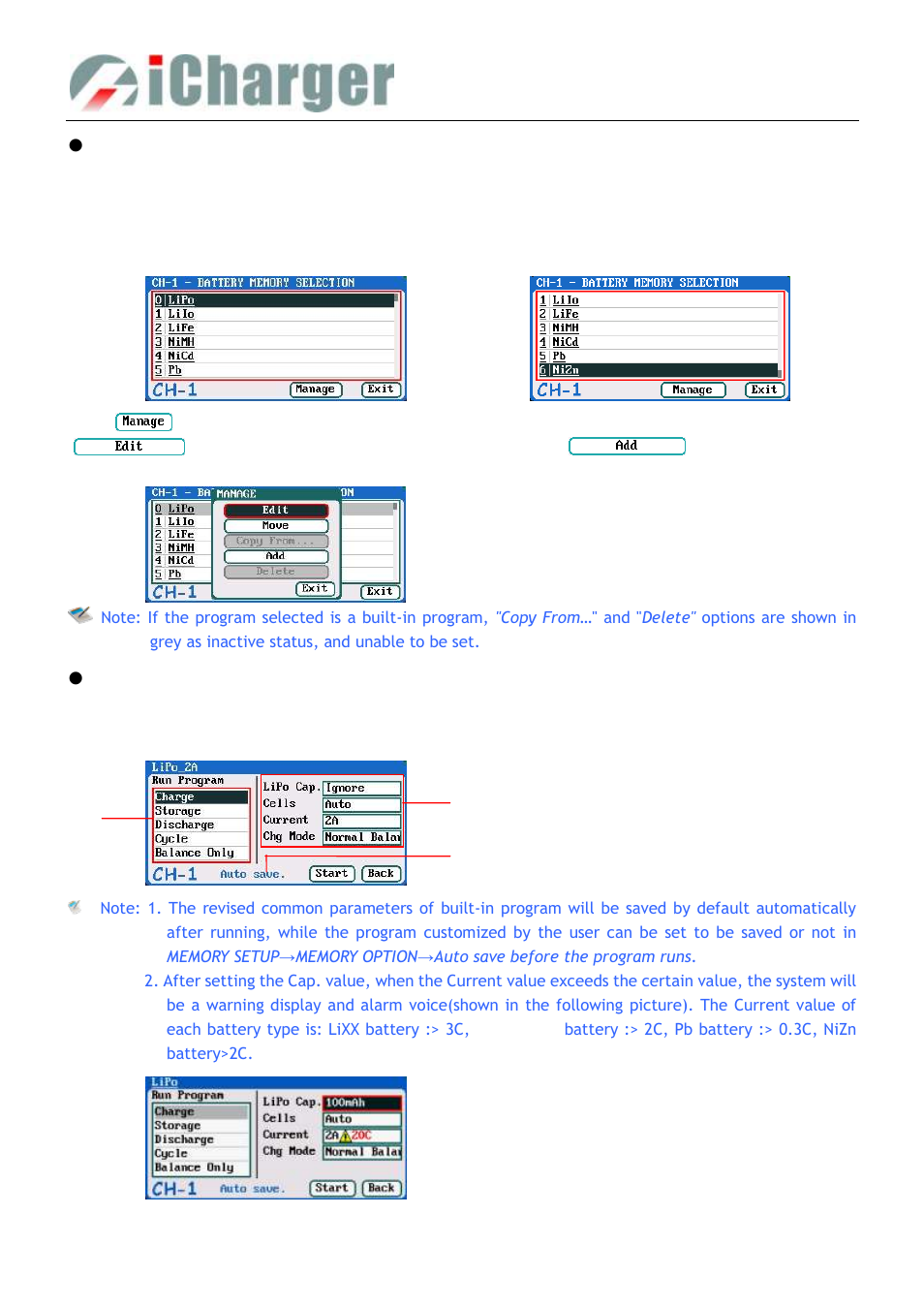 Program add & manage - run program for charger, Program add & manage, Run program for charger | ProgressiveRC 308Duo iCharger User Manual | Page 13 / 42