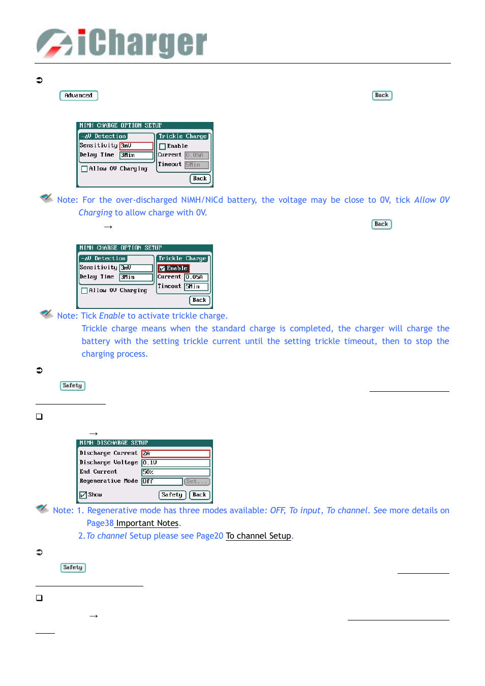 Nimh/nicd battery discharge setup, Nimh/nicd battery discharge safety setup, Nimh/nicd battery cycle setup | ProgressiveRC 308Duo iCharger User Manual | Page 22 / 42