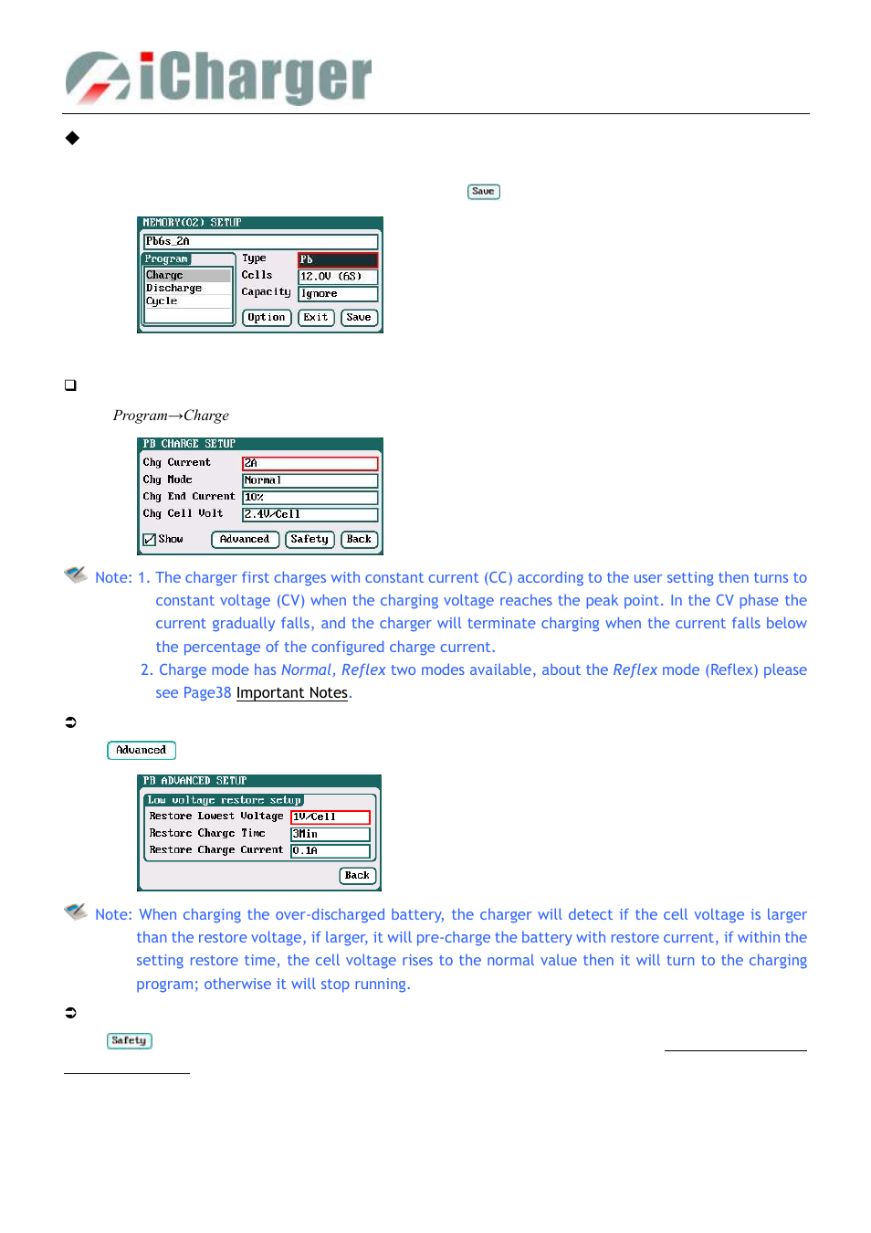 Pb battery charge/discharge setup, Pb battery charge setup | ProgressiveRC 308Duo iCharger User Manual | Page 23 / 42