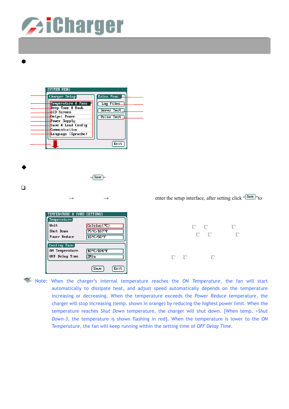 308duo parameters setup, Charger setup, Temp. & fans setup | ProgressiveRC 308Duo iCharger User Manual | Page 26 / 42