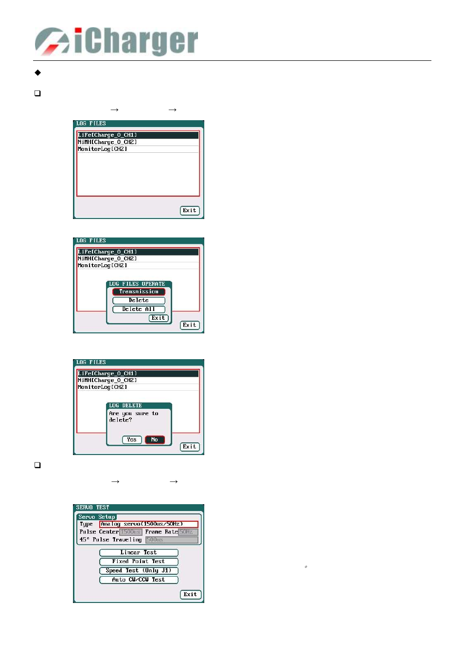 Extra function, Log files manage - servo test | ProgressiveRC 308Duo iCharger User Manual | Page 31 / 42