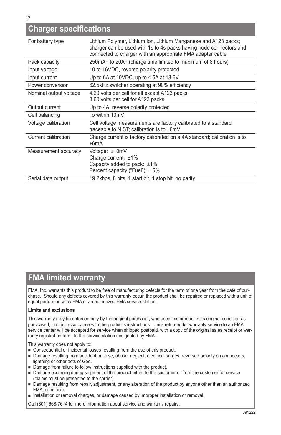 Fma limited warranty, Charger specifications | ProgressiveRC 4S Gold FMA Cellpro User Manual | Page 12 / 12