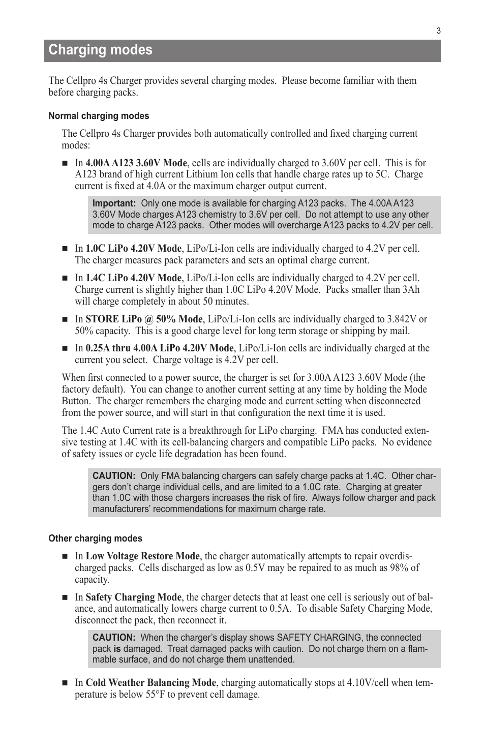 Charging modes | ProgressiveRC 4S Gold FMA Cellpro User Manual | Page 3 / 12