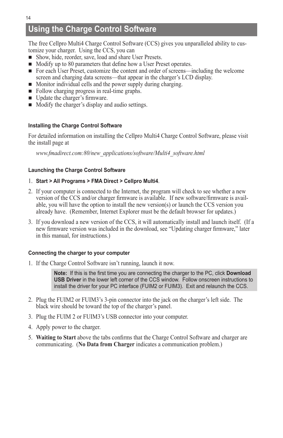 Using the charge control software | ProgressiveRC Multi4 FMA Cellpro User Manual | Page 14 / 20