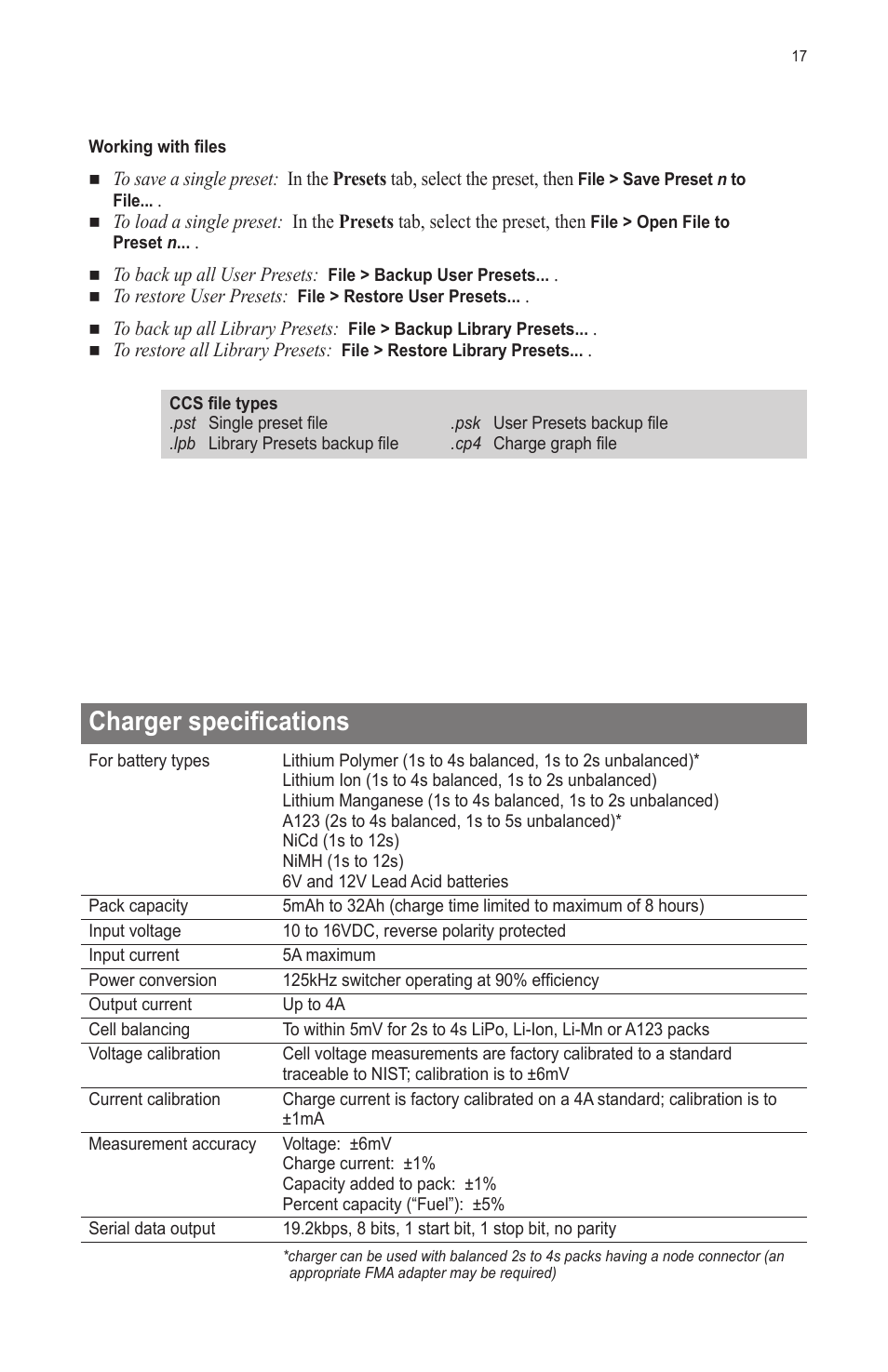 Charger specifications | ProgressiveRC Multi4 FMA Cellpro User Manual | Page 17 / 20