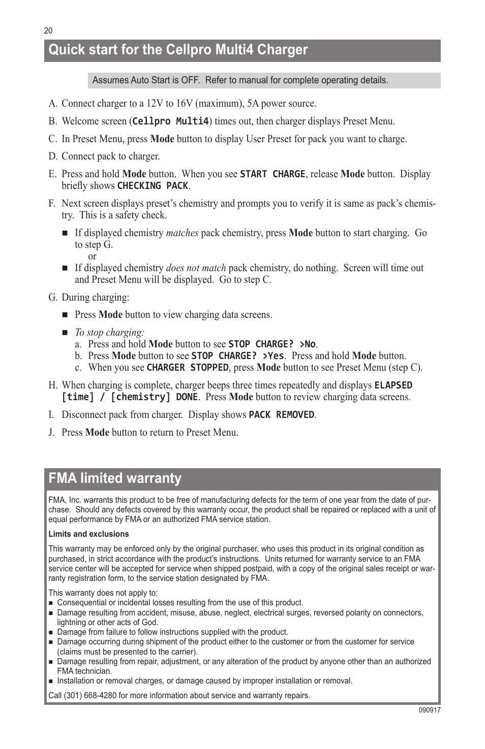 Fma limited warranty, Quick start for the cellpro multi4 charger | ProgressiveRC Multi4 FMA Cellpro User Manual | Page 20 / 20