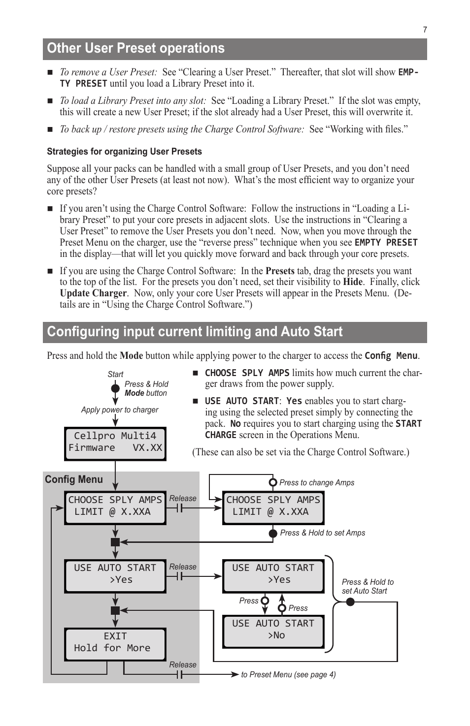 Other user preset operations, Configuring input current limiting and auto start | ProgressiveRC Multi4 FMA Cellpro User Manual | Page 7 / 20