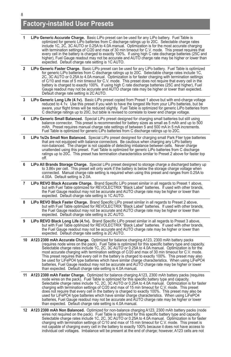 Factory-installed user presets | ProgressiveRC Multi4 FMA Cellpro User Manual | Page 8 / 20