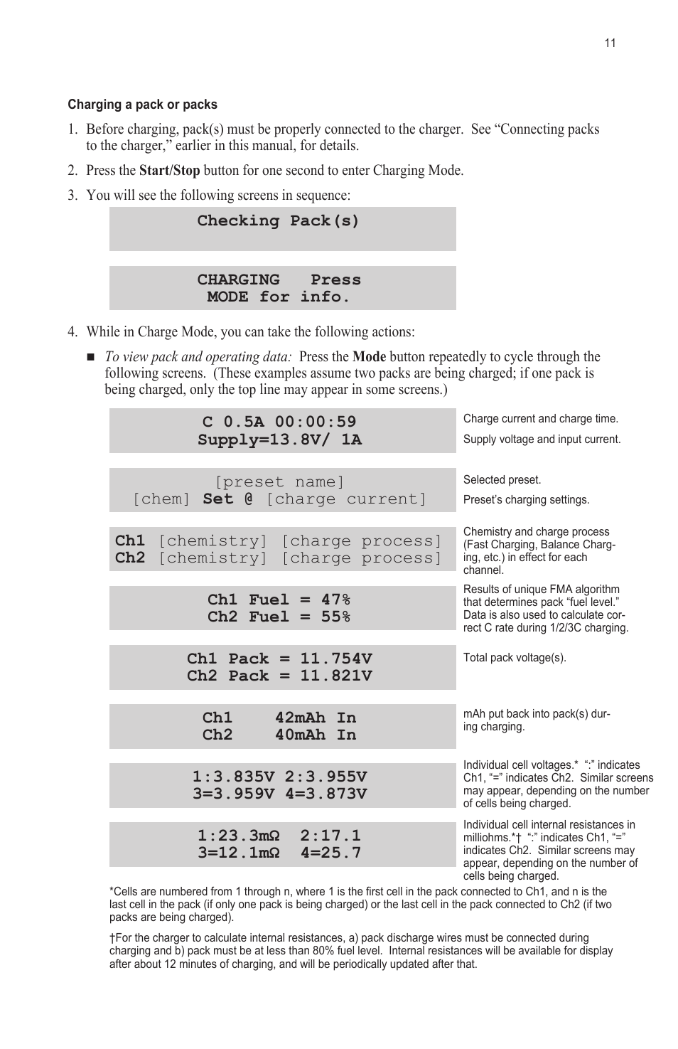 Checking pack(s) charging press mode for info | ProgressiveRC 10S FMA Cellpro User Manual | Page 11 / 20
