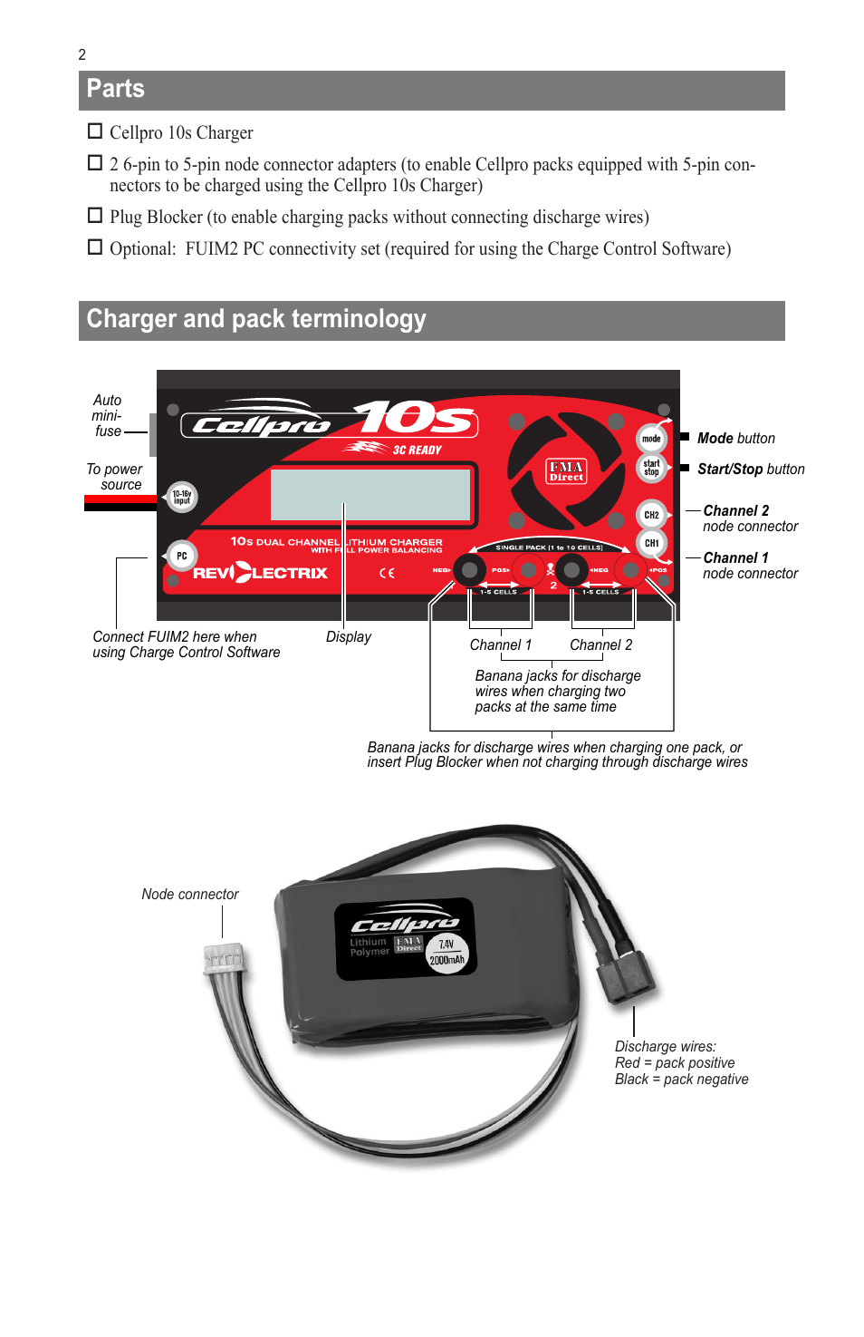 Parts, Charger and pack terminology | ProgressiveRC 10S FMA Cellpro User Manual | Page 2 / 20