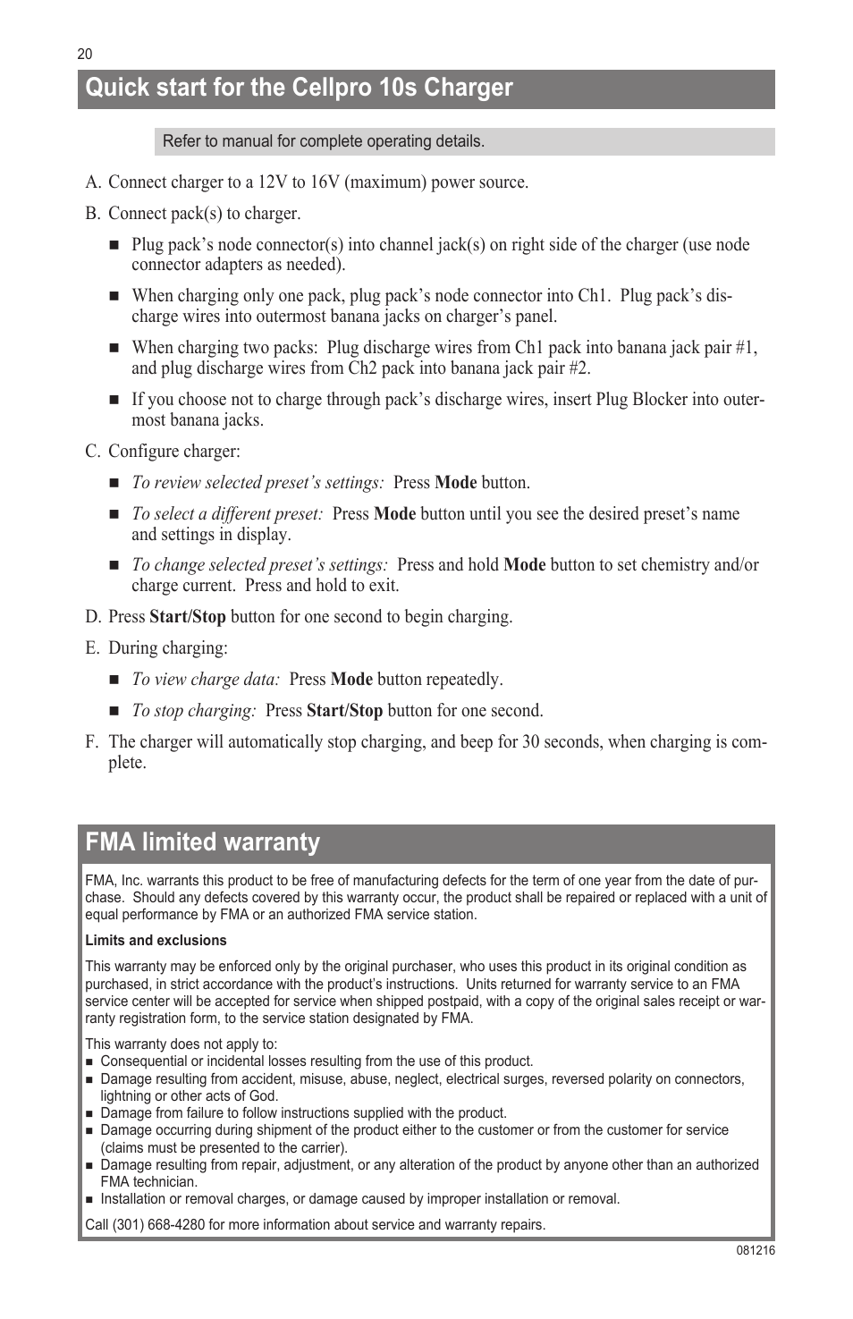 Fma limited warranty, Quick start for the cellpro 10s charger | ProgressiveRC 10S FMA Cellpro User Manual | Page 20 / 20