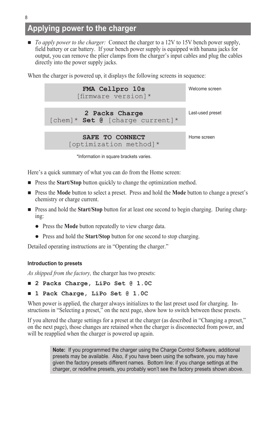 Applying power to the charger | ProgressiveRC 10S FMA Cellpro User Manual | Page 8 / 20