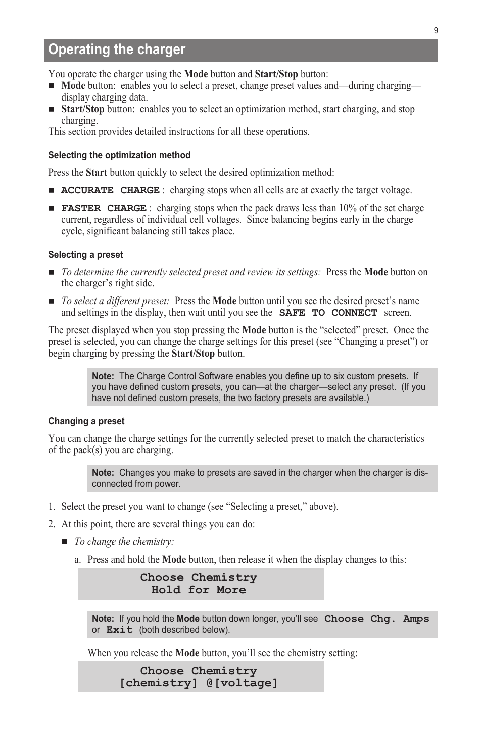 Operating the charger, Choose chemistry hold for more, Choose chemistry [chemistry] @[voltage | ProgressiveRC 10S FMA Cellpro User Manual | Page 9 / 20
