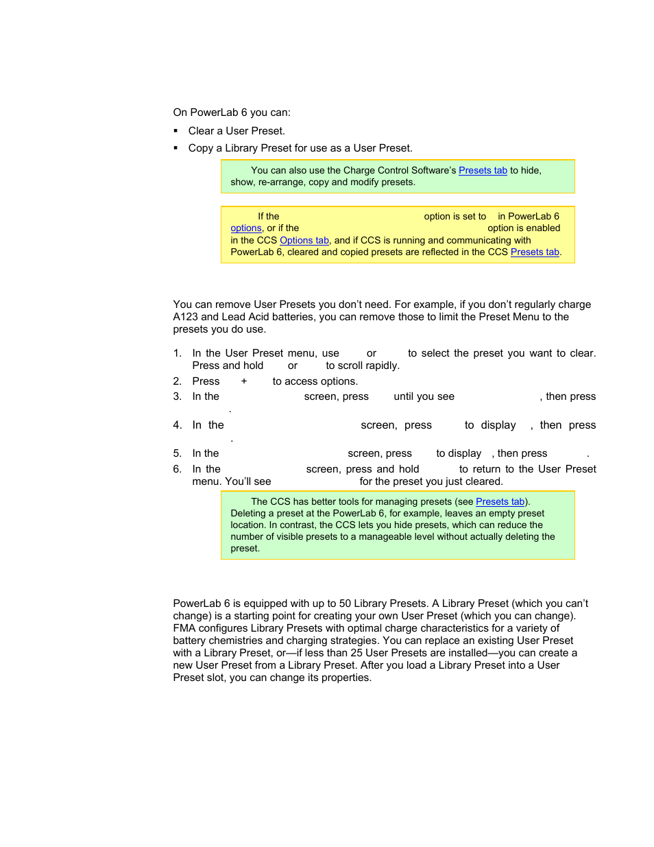Manage presets, Clear a user preset, Copy a library preset | ProgressiveRC 6 PowerLab User Manual | Page 35 / 83