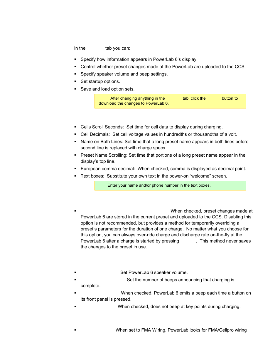 Options tab, Visual settings section, Preset settings section | Audio settings section, Start settings section, Ccs options tab, The ccs, In the ccs, Details | ProgressiveRC 6 PowerLab User Manual | Page 46 / 83