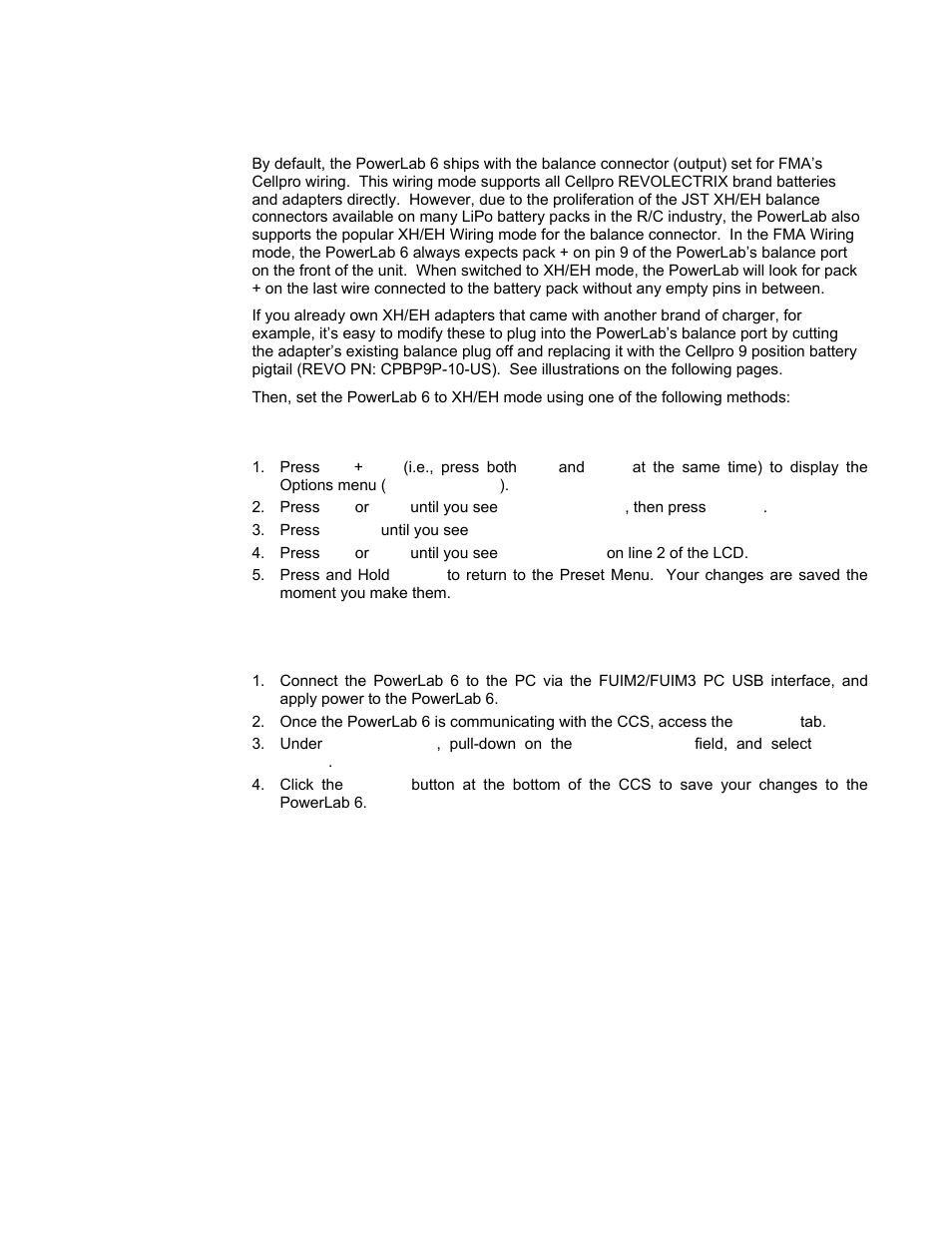 Fma wiring mode vs. xh/eh wiring mode, Switching to xh/eh mode at the pl6, Switching to xh/eh mode using the ccs | Xh/eh wiring mode | ProgressiveRC 6 PowerLab User Manual | Page 60 / 83