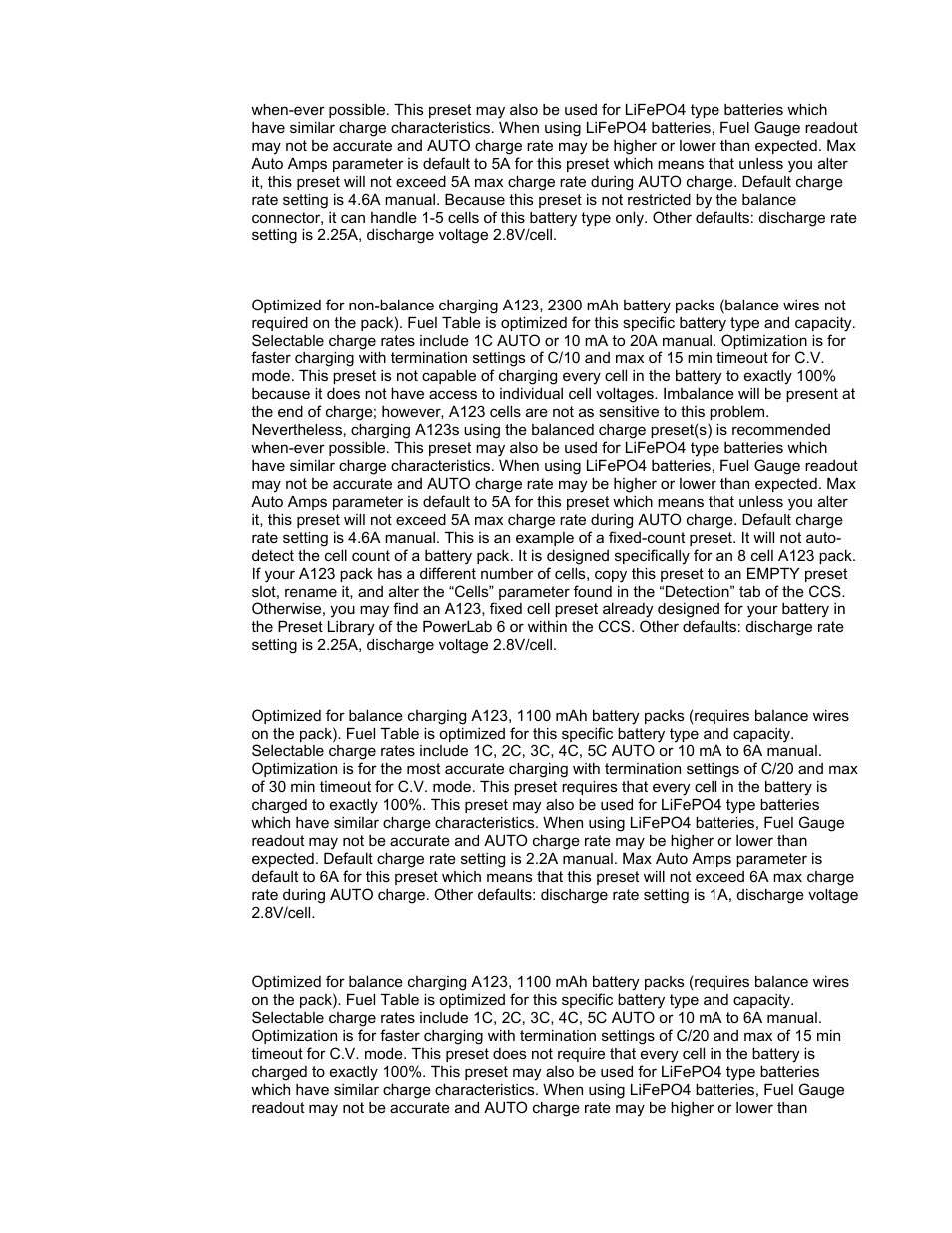 A123 2300 mah non bal 8s fixed, A123 1100 mah accurate charge, A123 1100 mah faster charge | ProgressiveRC 6 PowerLab User Manual | Page 73 / 83