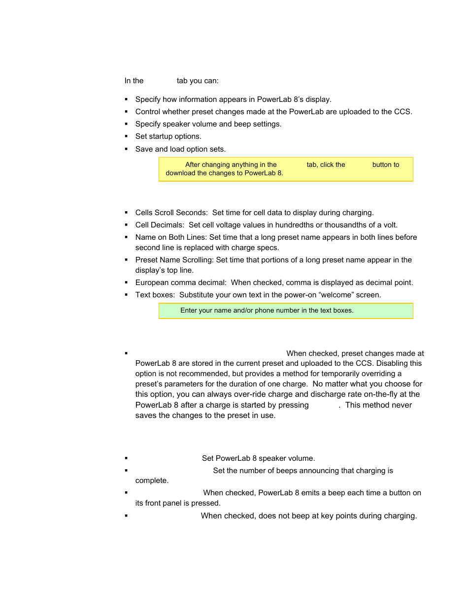 Options tab, Visual settings section, Preset settings section | Audio settings section, Start settings section, Ccs options tab, The ccs, In the ccs, Details | ProgressiveRC 8 PowerLab User Manual | Page 47 / 86