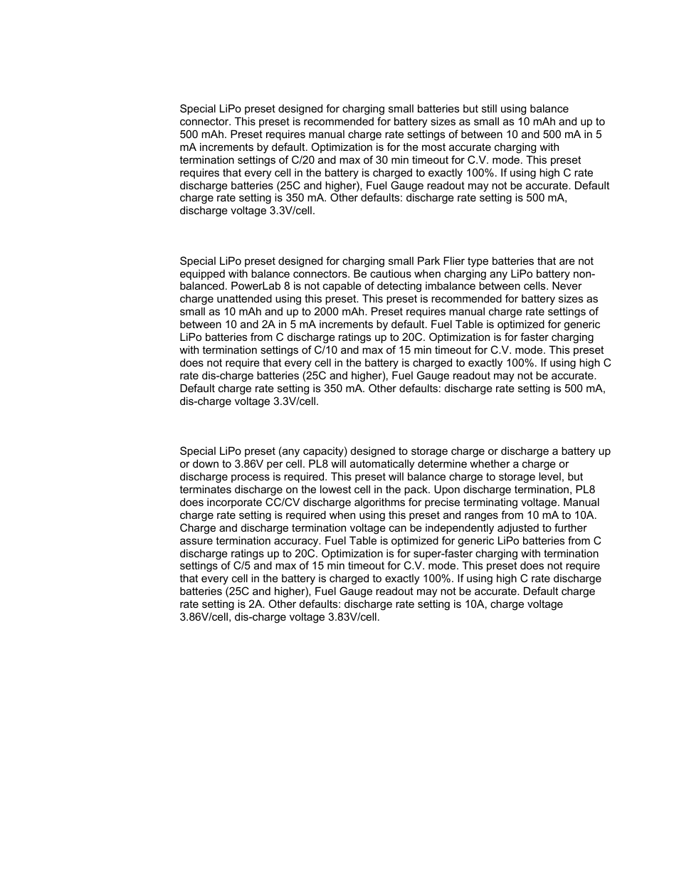 Lipo generic small balanced, Lipo 1s/2s small non balanced, Lipo all brands storage charge | ProgressiveRC 8 PowerLab User Manual | Page 74 / 86