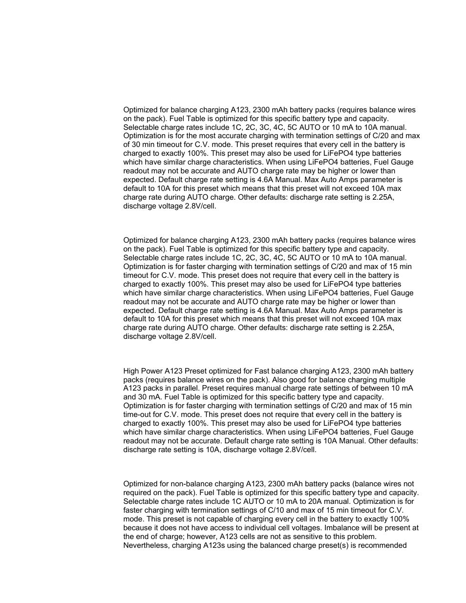 A123 factory presets, A123 2300 mah accurate charge, A123 2300 mah faster charge | A123 2300 mah high power, A123 2300 mah non bal. 1-5s | ProgressiveRC 8 PowerLab User Manual | Page 75 / 86