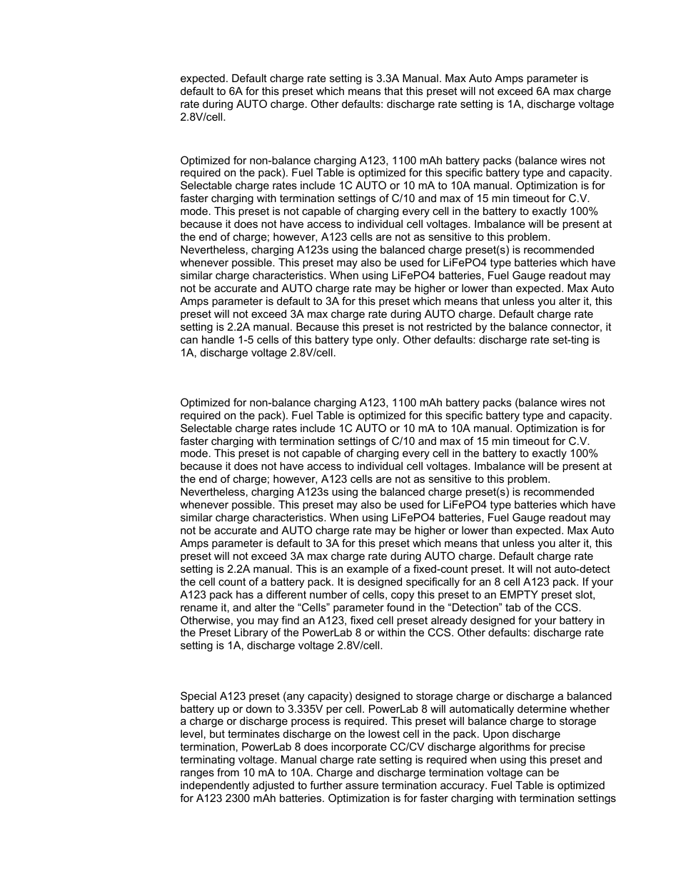 A123 1100 mah non bal. 1-5s, A123 1100 mah non bal 8s fixed, A123 all cpcty storage charge | ProgressiveRC 8 PowerLab User Manual | Page 77 / 86