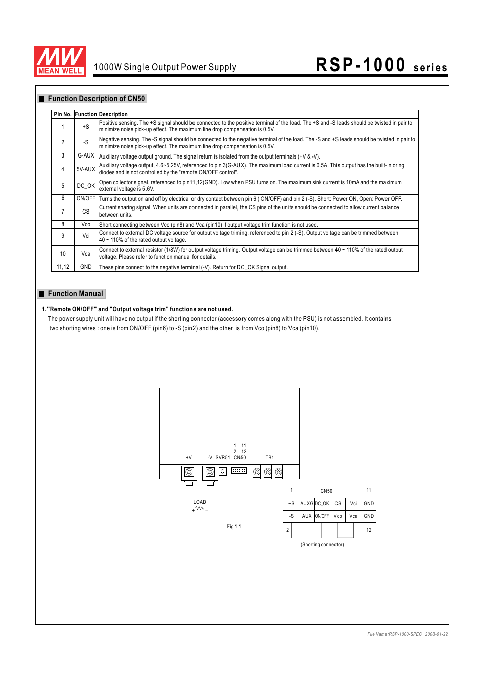 R s p - 1 0 0 0, 1000w single output power supply, Function description of cn50 function manual | ProgressiveRC RSP-1000 series User Manual | Page 3 / 6