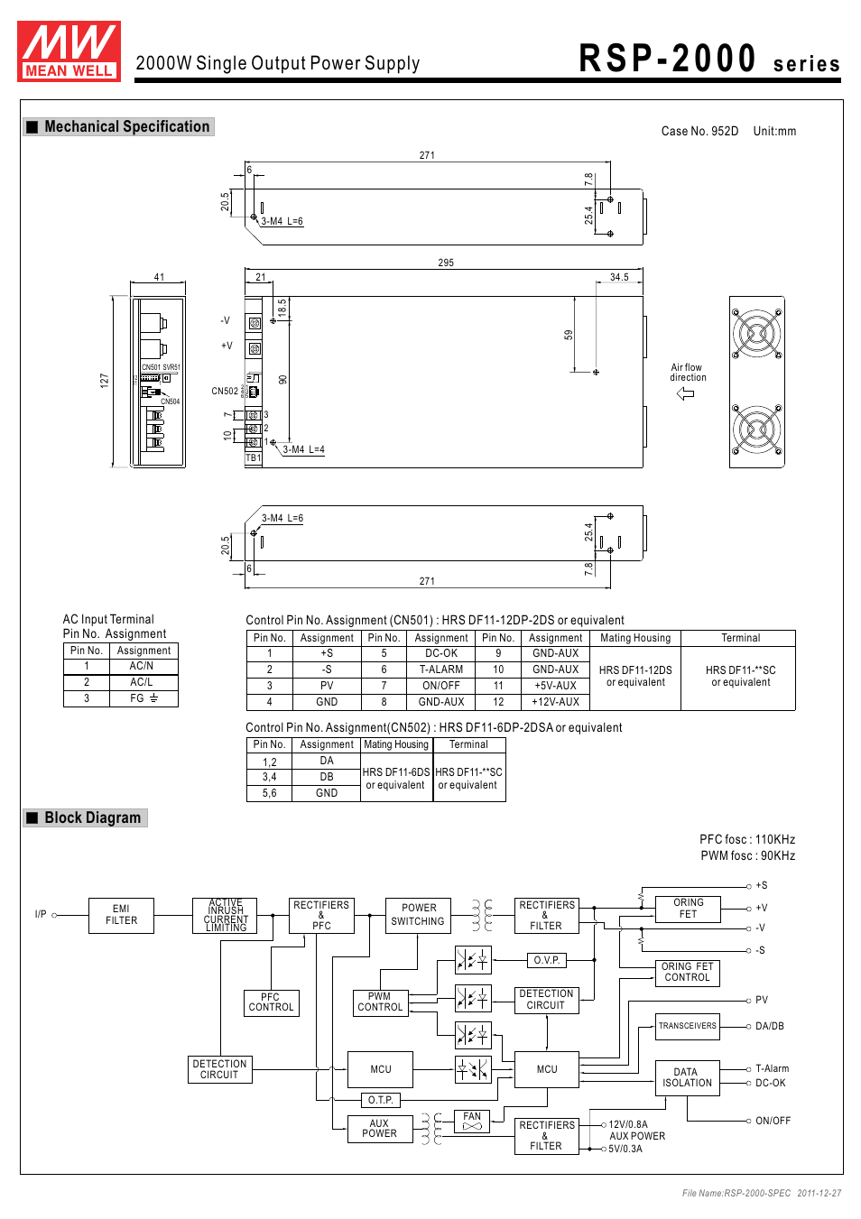 R s p - 2 0 0 0, 2000w single output power supply, Mechanical specification | Block diagram | ProgressiveRC RSP-2000 series User Manual | Page 2 / 5