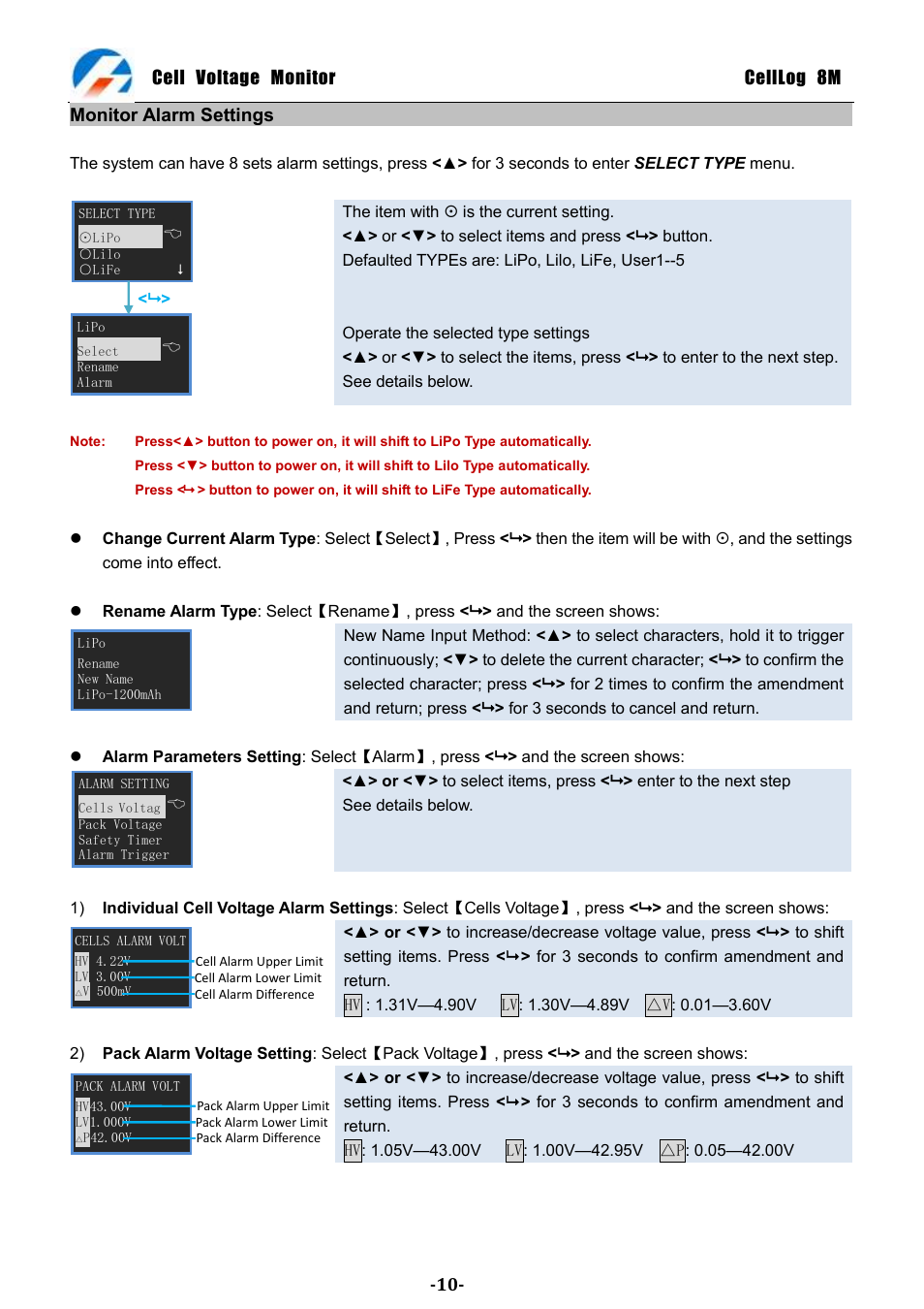 Cell voltage monitor celllog 8m, Monitor alarm settings | ProgressiveRC 8M CellLog User Manual | Page 10 / 15