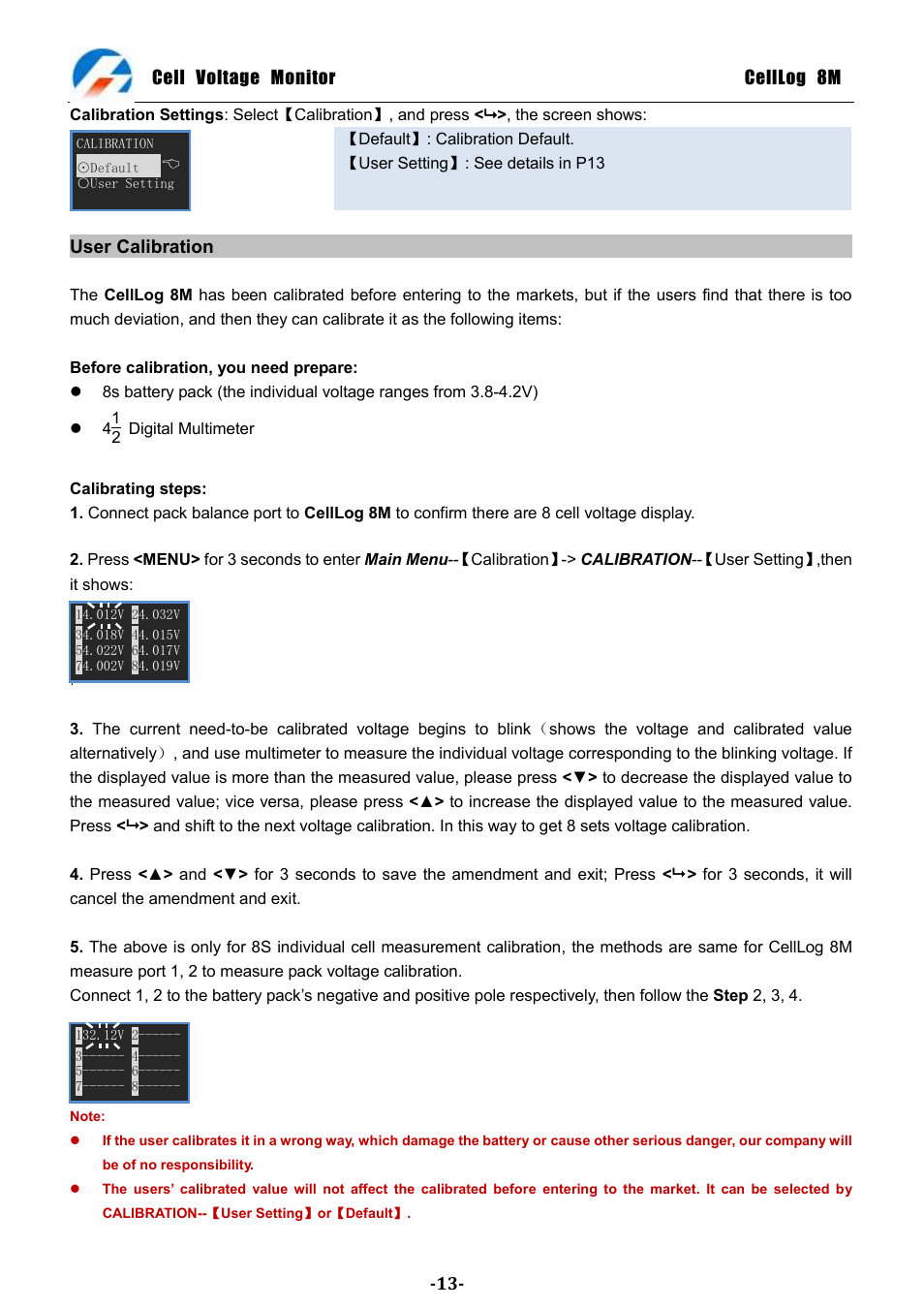 Cell voltage monitor celllog 8m, User calibration | ProgressiveRC 8M CellLog User Manual | Page 13 / 15