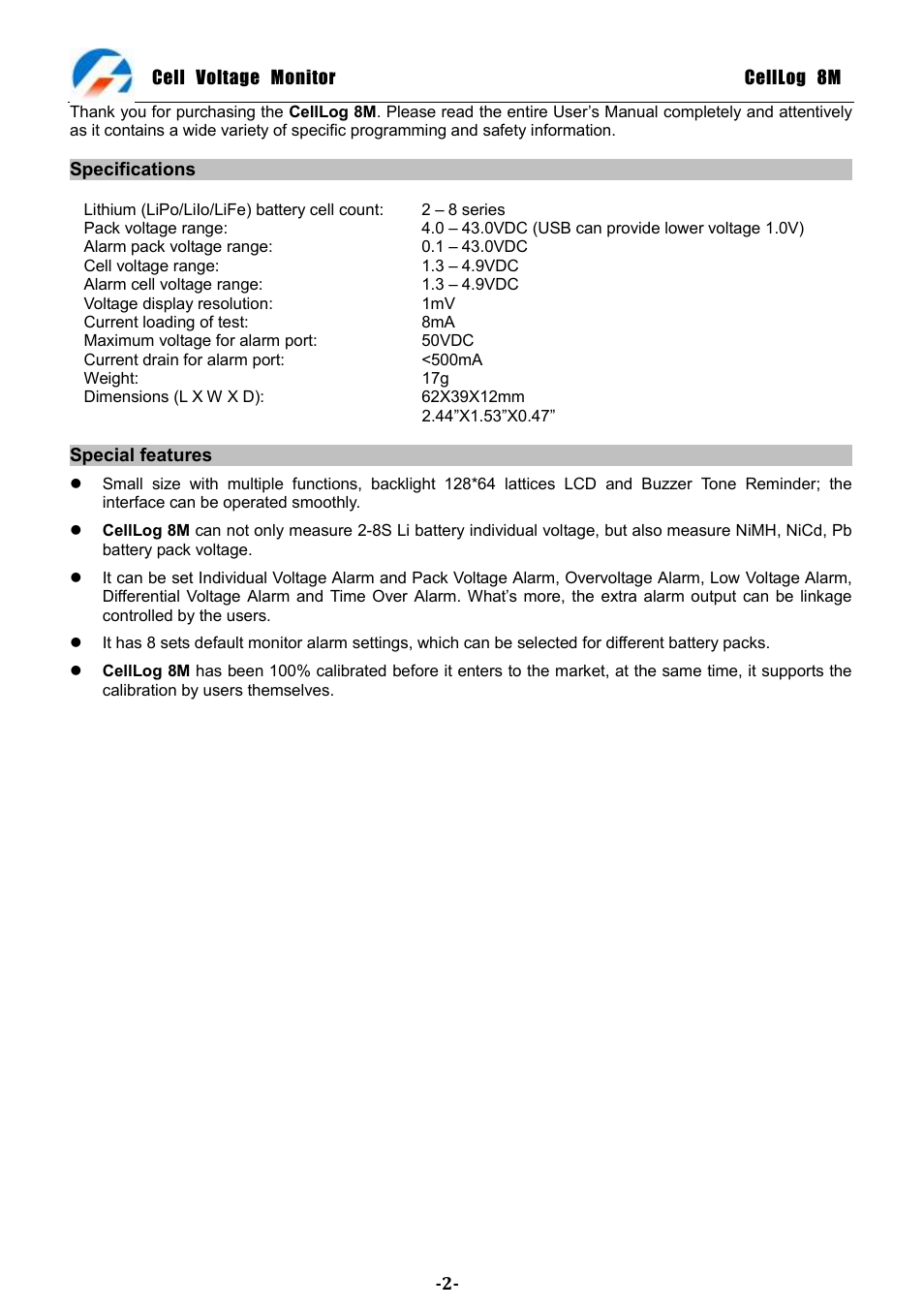 ProgressiveRC 8M CellLog User Manual | Page 2 / 15