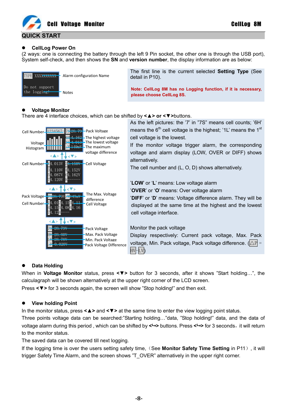 Cell voltage monitor celllog 8m, Quick start | ProgressiveRC 8M CellLog User Manual | Page 8 / 15