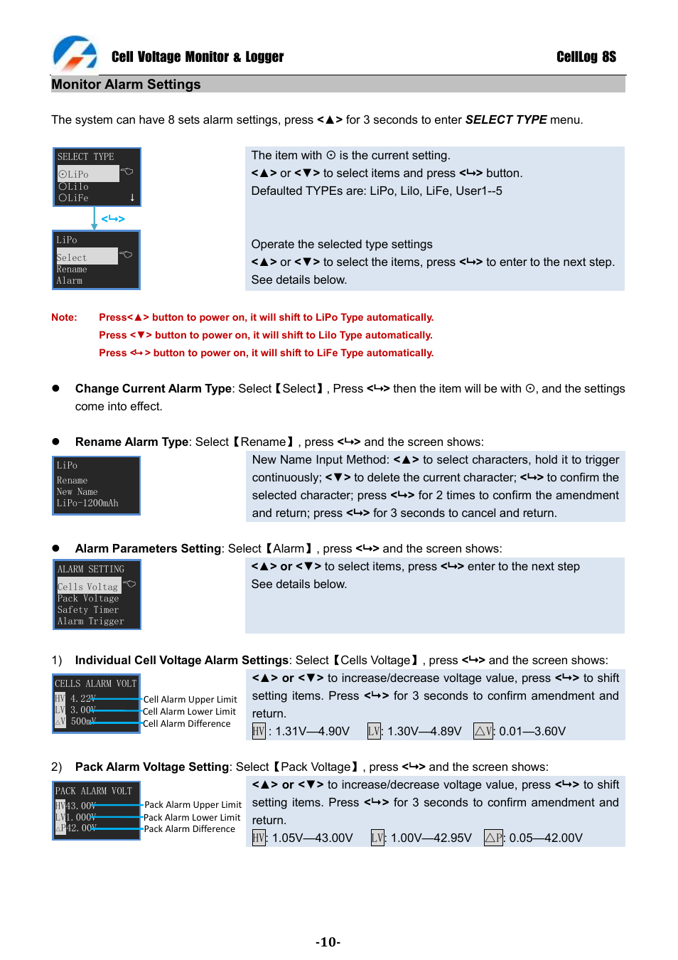 Cell voltage monitor & logger celllog 8s, Monitor alarm settings | ProgressiveRC 8S CellLog User Manual | Page 10 / 20