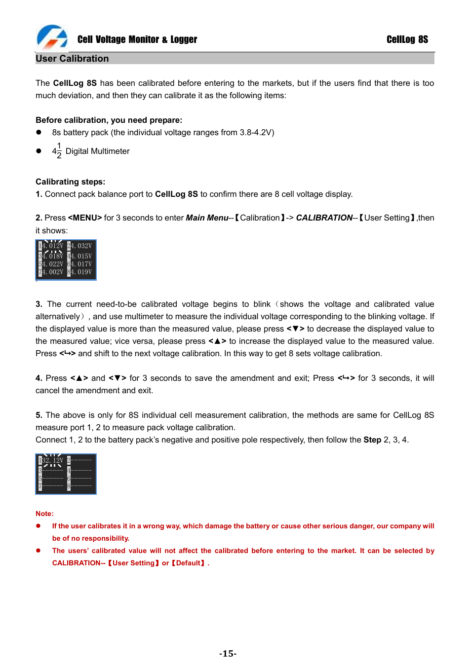 Cell voltage monitor & logger celllog 8s, User calibration | ProgressiveRC 8S CellLog User Manual | Page 15 / 20