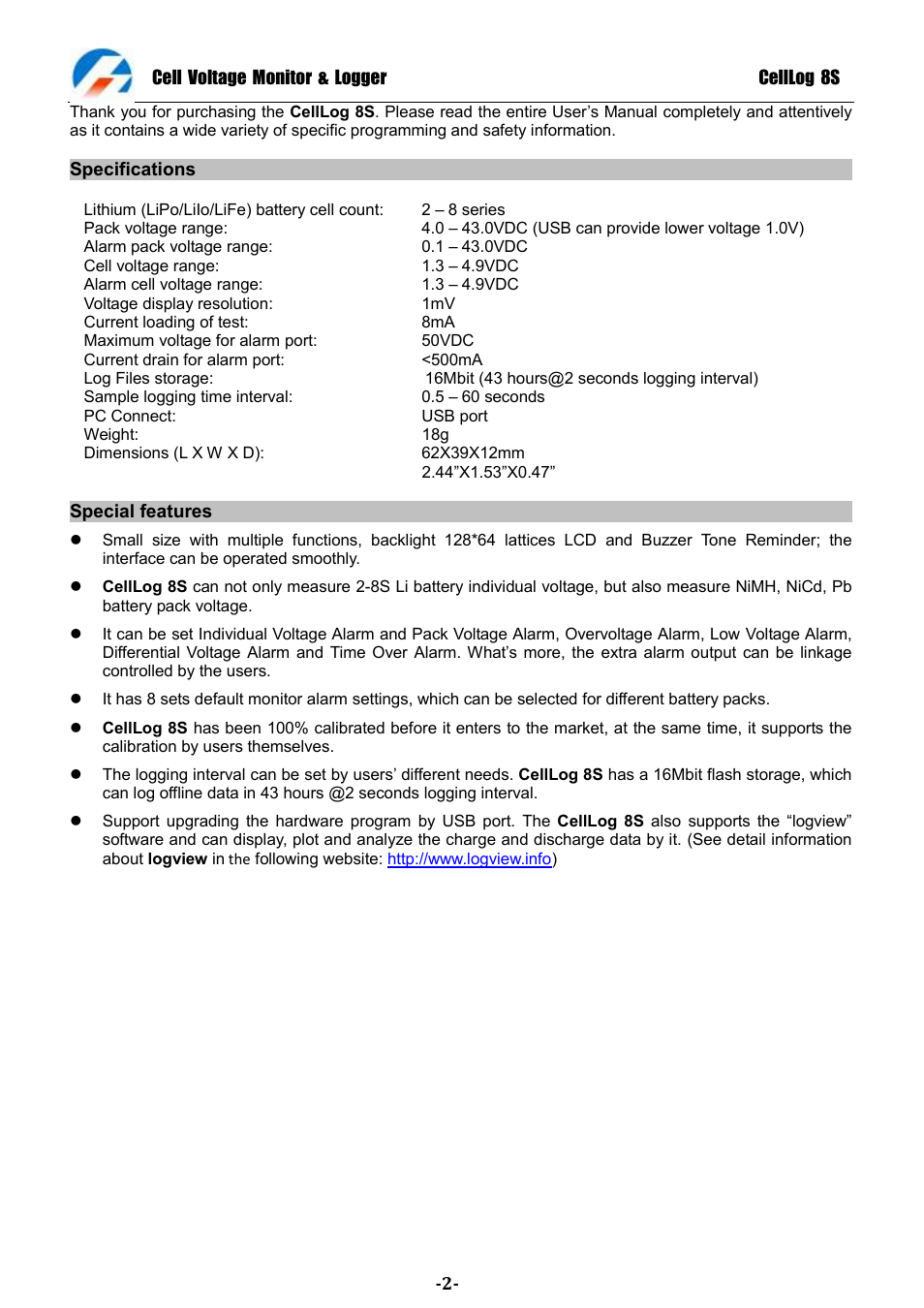 ProgressiveRC 8S CellLog User Manual | Page 2 / 20