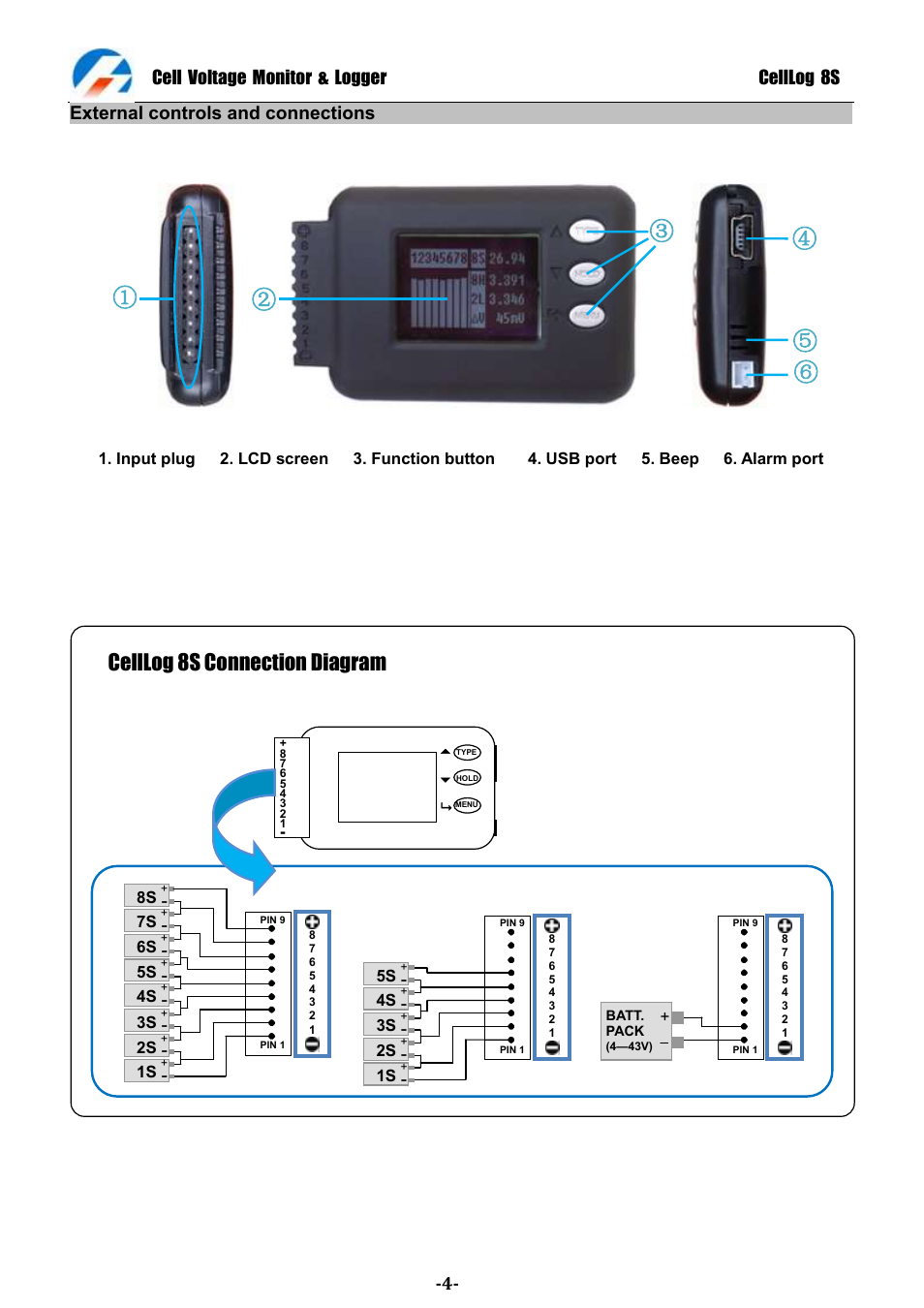 Celllog 8s connection diagram, Cell voltage monitor & logger celllog 8s, External controls and connections | ProgressiveRC 8S CellLog User Manual | Page 4 / 20