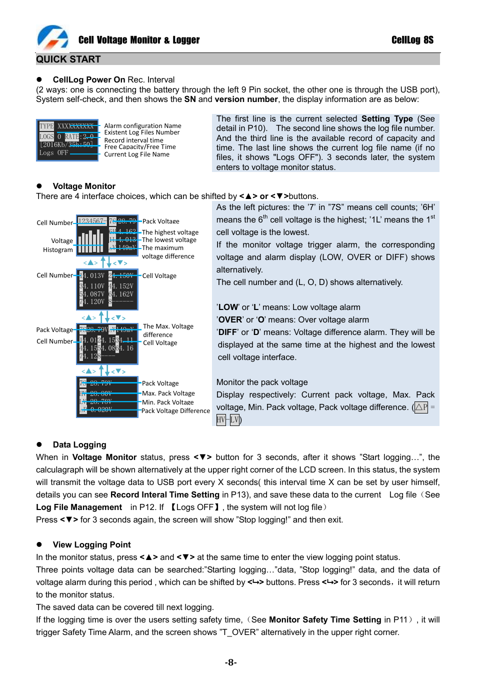 Cell voltage monitor & logger celllog 8s, Quick start | ProgressiveRC 8S CellLog User Manual | Page 8 / 20