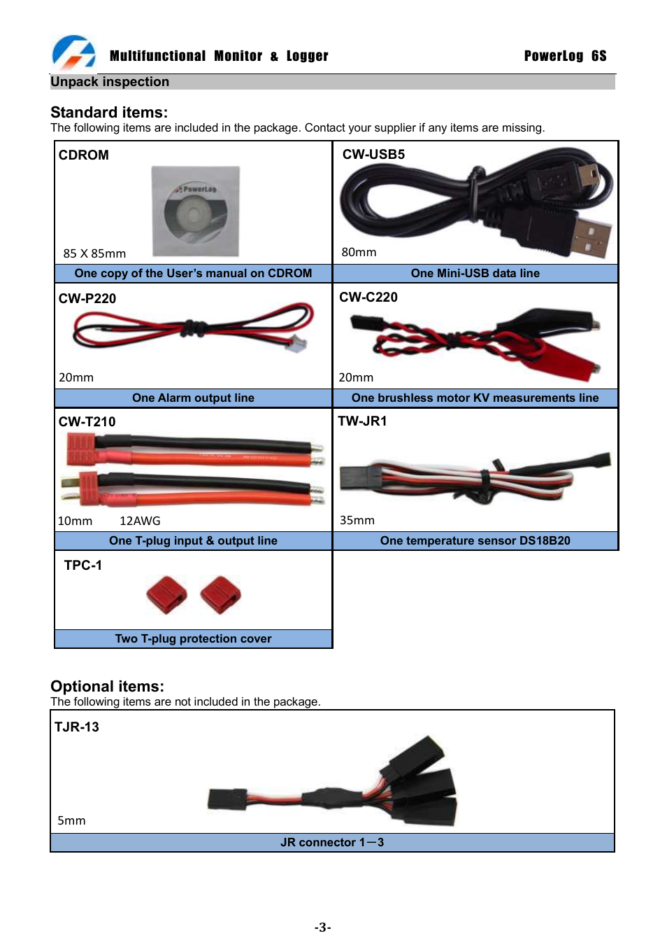 Standard items, Optional items | ProgressiveRC 6S PowerLog User Manual | Page 3 / 24