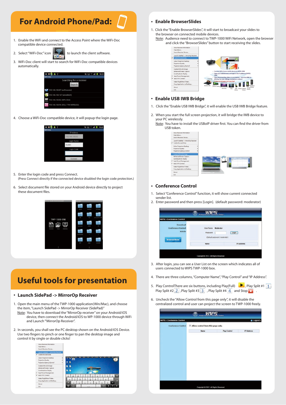 For android phone/pad, Useful tools for presentation | QOMO TWP-1000 User Manual | Page 2 / 2