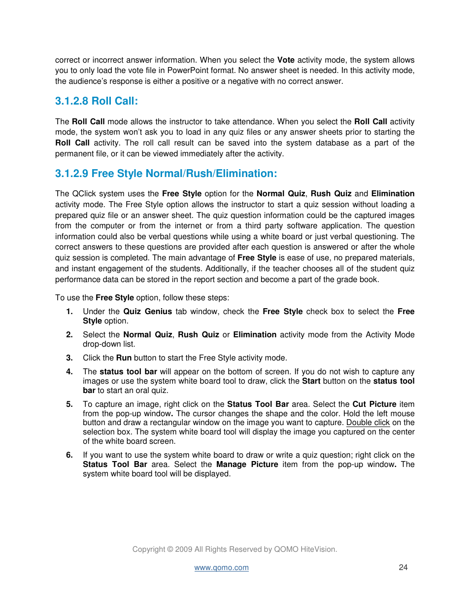 8 roll call, 9 free style normal/rush/elimination | QOMO QIR300 User Manual User Manual | Page 24 / 91