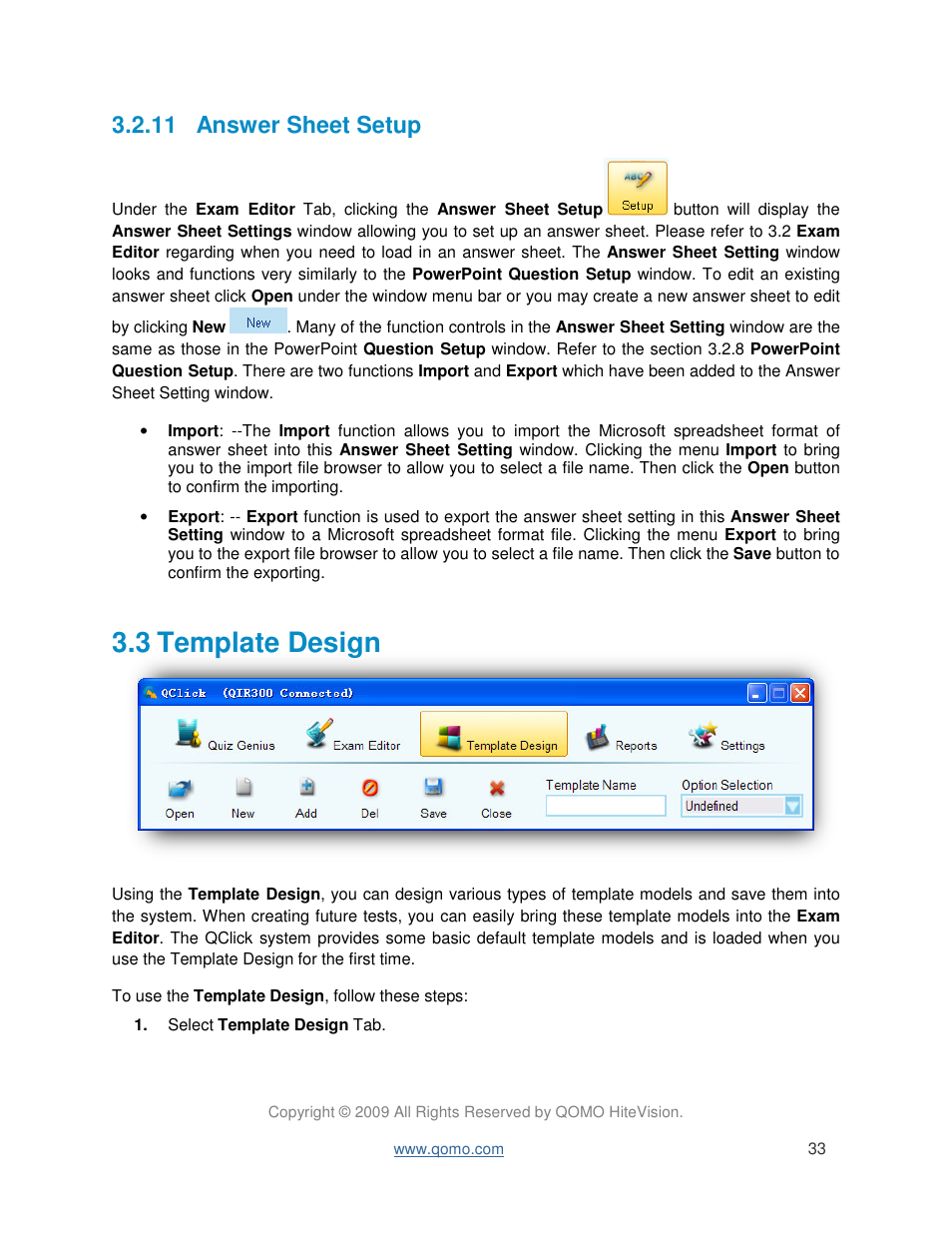 3 template design, 11 answer sheet setup | QOMO QIR300 User Manual User Manual | Page 33 / 91