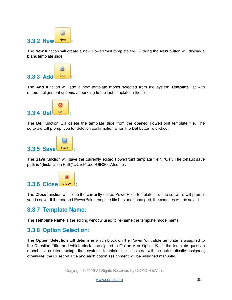 2 new, 3 add, 4 del | 5 save, 6 close, 7 template name, 8 option selection | QOMO QIR300 User Manual User Manual | Page 35 / 91