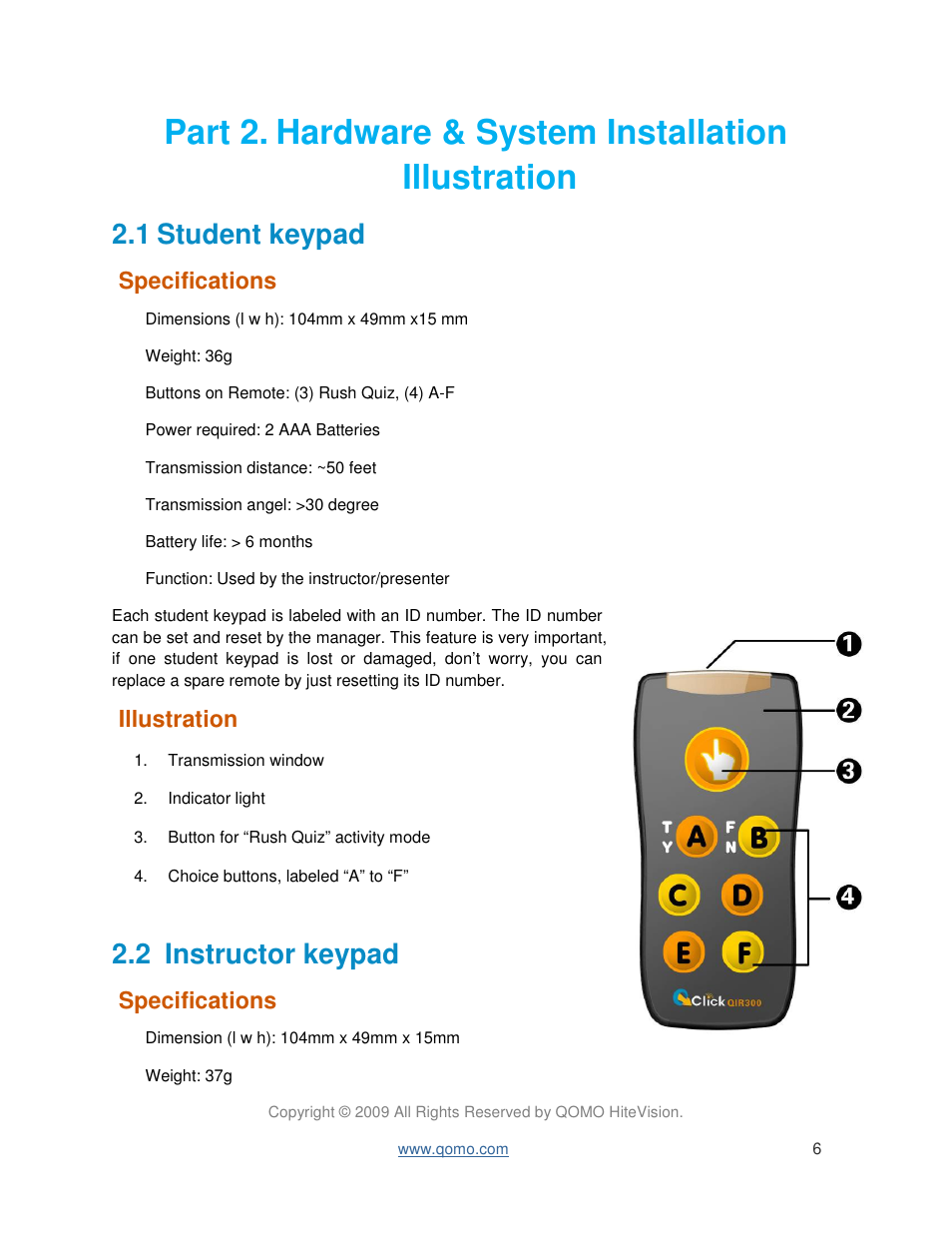 1 student keypad, 2 instructor keypad, Specifications | Illustration | QOMO QIR300 User Manual User Manual | Page 6 / 91