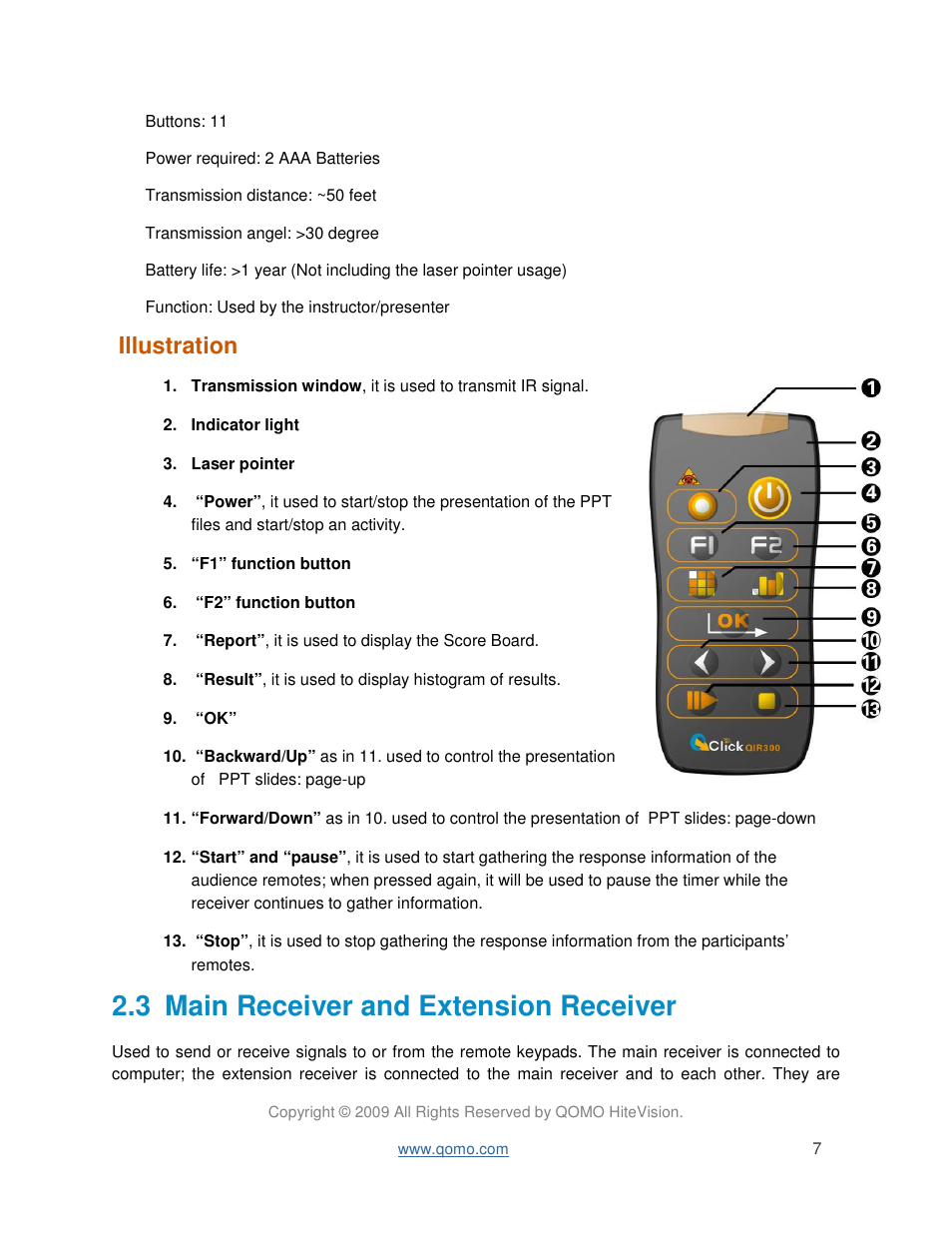 3 main receiver and extension receiver, Illustration | QOMO QIR300 User Manual User Manual | Page 7 / 91