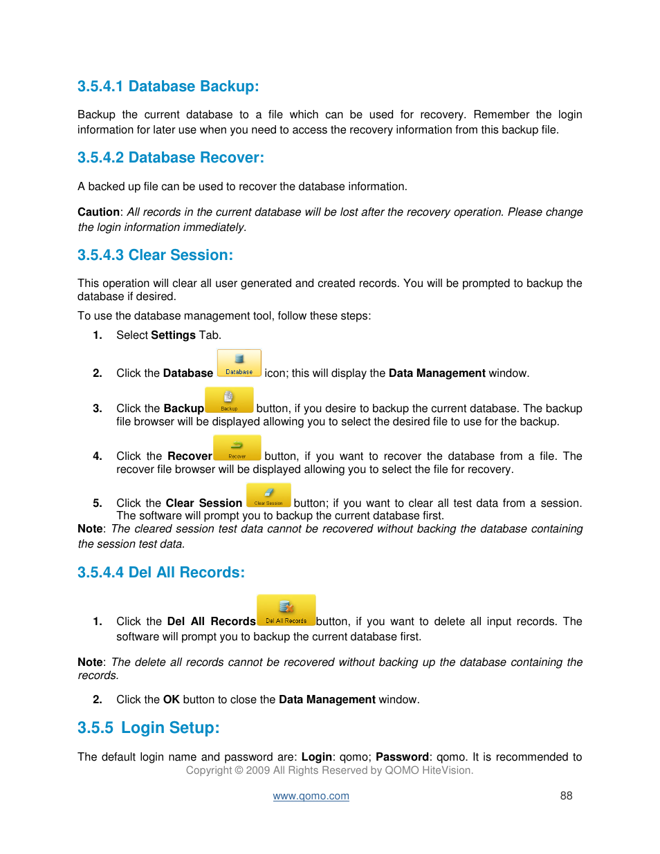 5 login setup, 1 database backup, 2 database recover | 3 clear session, 4 del all records | QOMO QIR300 User Manual User Manual | Page 88 / 91