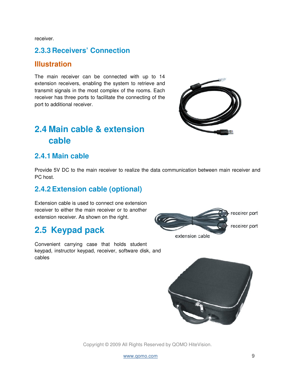 4 main cable & extension cable, 5 keypad pack, 3 receivers’ connection illustration | 1 main cable, 2 extension cable (optional) | QOMO QIR300 User Manual User Manual | Page 9 / 91